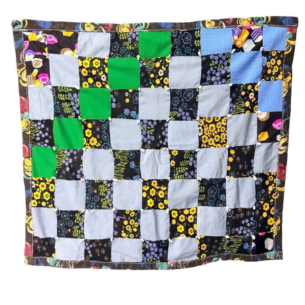 Vtg Handmade Patchwork Tied Quilt Blanket Floral Geometric Cottagecore Boho Lap‎